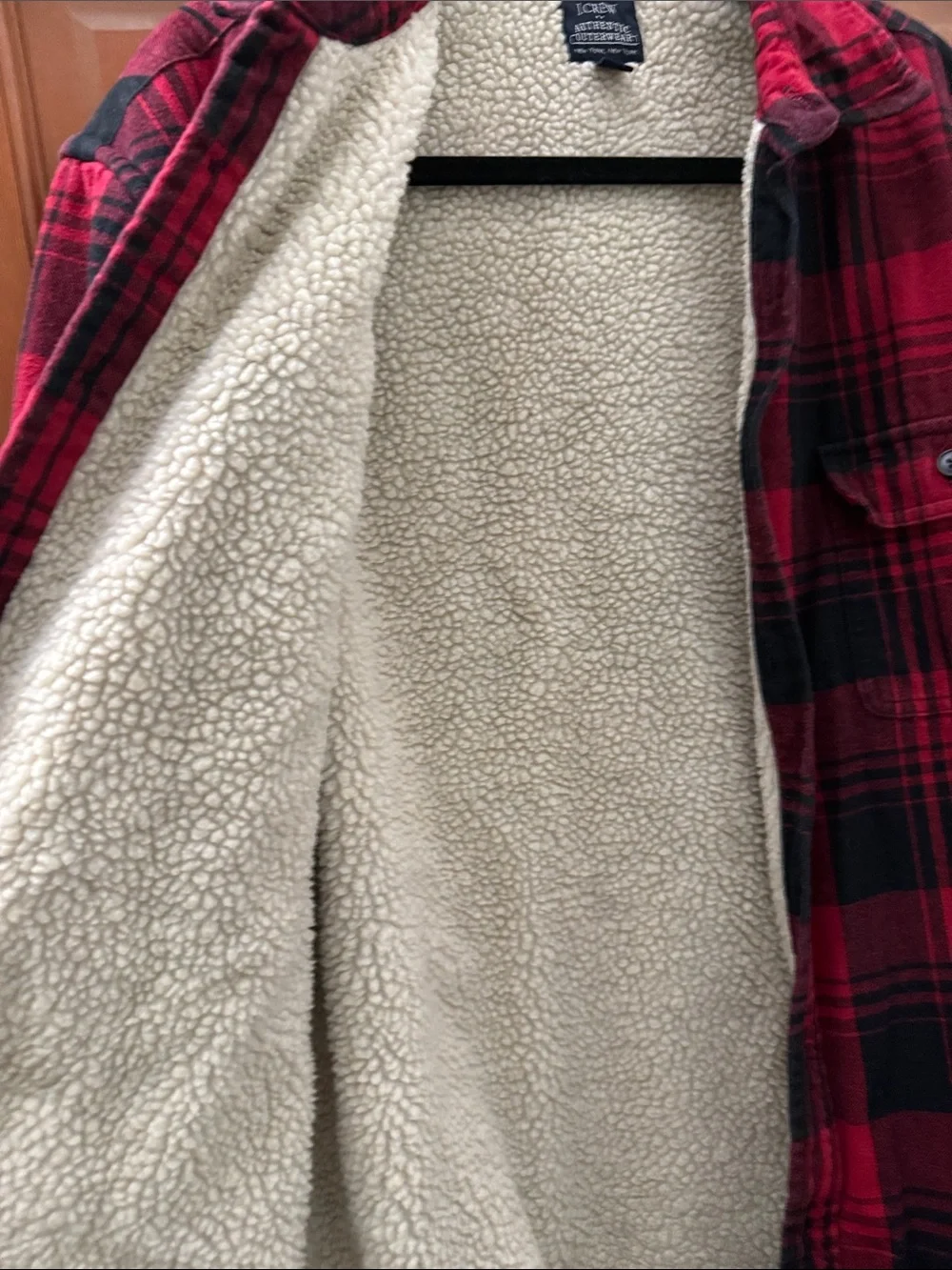 J. Crew Red and Black Plaid Sherpa-Lined Shirt Jacket